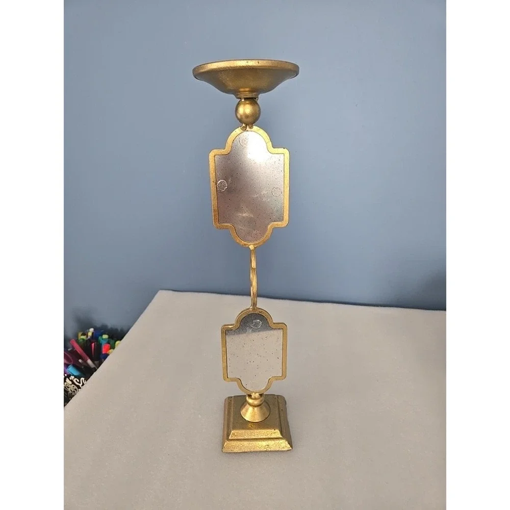 Gold Metal Pillar Candle Holder with Distressed Quatrefoil Mirrors 16.5 ch